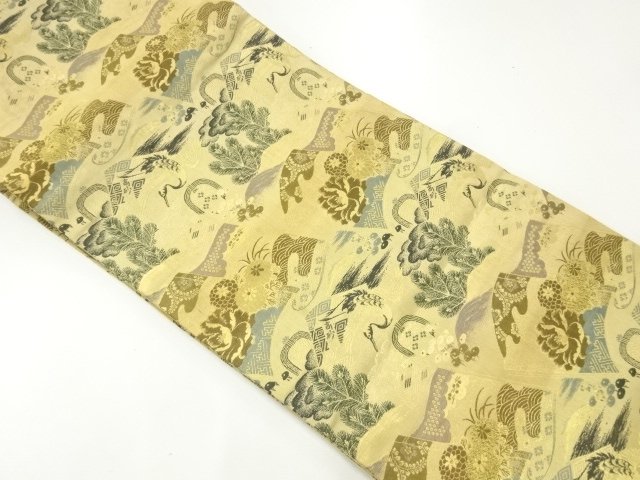 JAPANESE KIMONO / ANTIQUE MARU OBI / WOVEN BOOKS & CRANES & FLOWERS